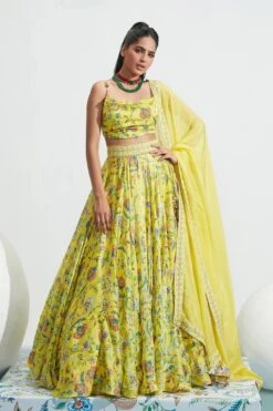 Yellow Satin Organza Daniya Botanical Print Lehenga Set