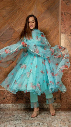 Blue And Red Floral Organza Anarkali Set