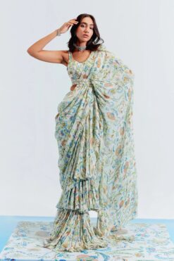 Ivory Printed Georgette Ruffle Stitched Saree With Embroidered Blouse