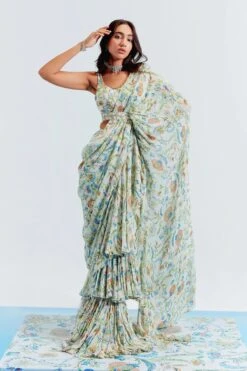 Ivory Printed Georgette Ruffle Stitched Saree With Embroidered Blouse