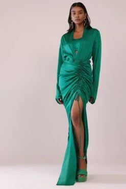Jade Green Shirt And Skirt Set With Bustier In Satin -Lillys Clothing Shop 27 1
