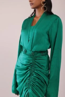 Jade Green Shirt And Skirt Set With Bustier In Satin -Lillys Clothing Shop 28 1