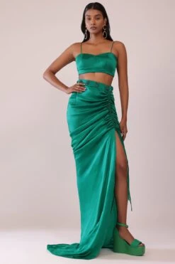 Jade Green Shirt And Skirt Set With Bustier In Satin -Lillys Clothing Shop 29 1