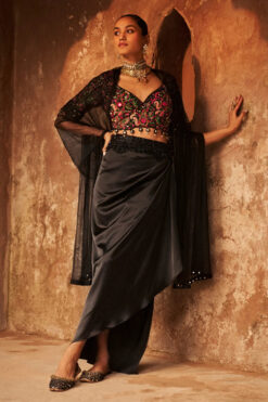 Multicolored Embroided Blouse With Dusk Drape Skirt Set