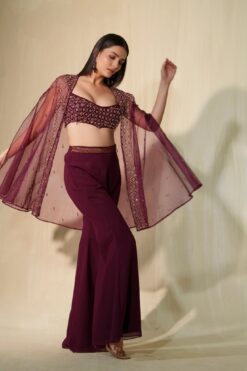 Aubergine Crystal And Sequin Blouse Paired With Flared Pants And Cape -Lillys Clothing Shop 2 1024x1024 2x 076d8172 aa2c 4584 9843 31cb145c8f62