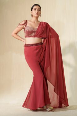 Garnet Rose Handcrafted Sequin And Crystal Shimmer Corset Paired With Flared Pants