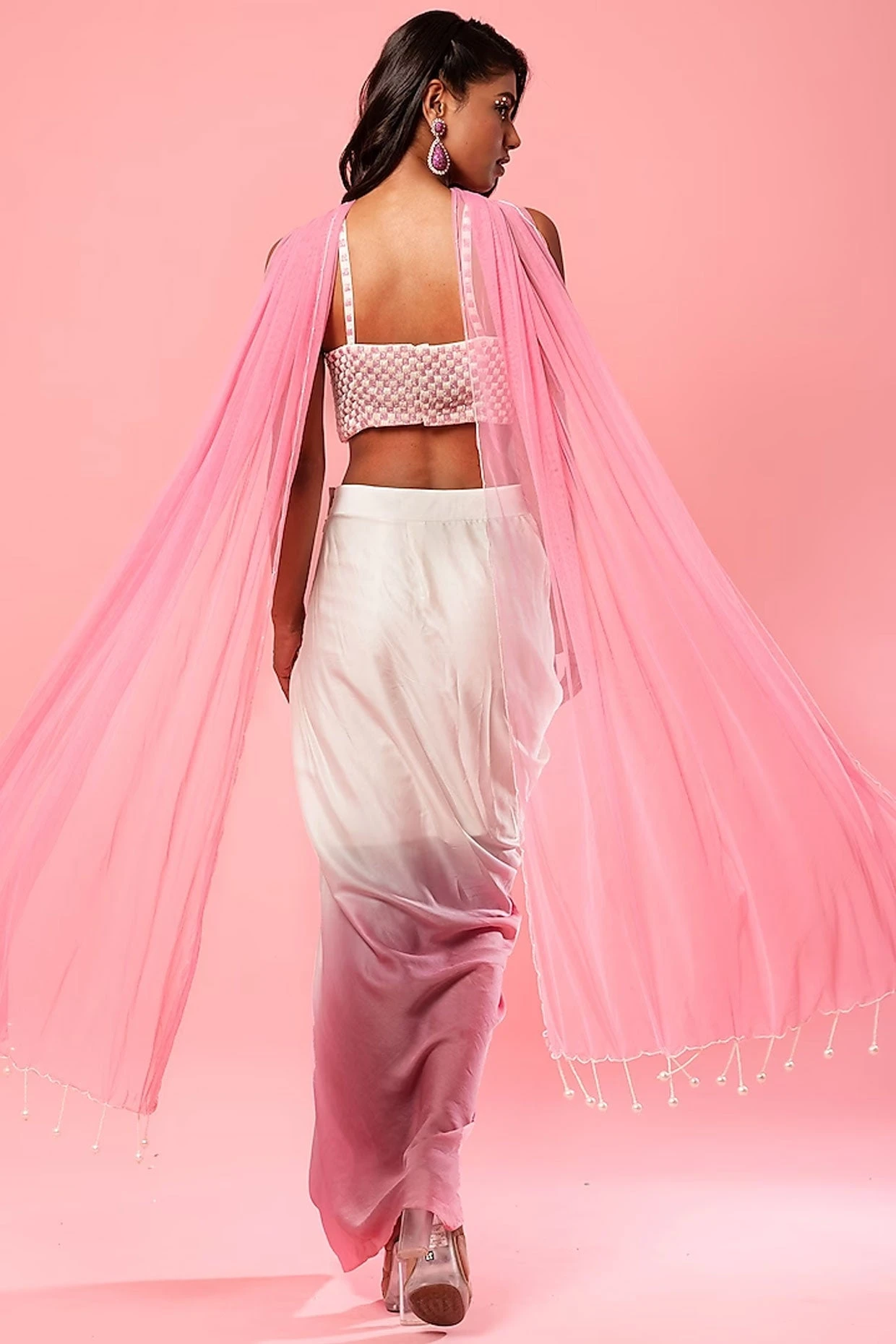 Ivory & Pink Modal Satin Ombre Pre-Draped Dress With Dupatta 4 Ivory & Pink Modal Satin Ombre Pre-Draped Dress With Dupatta - Image 4