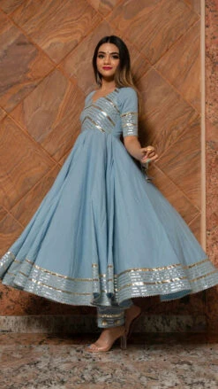 Powder Blue Cotton Anarkali Set