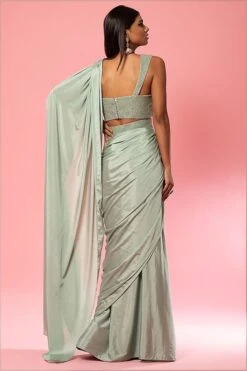 Sage Green Crepe Silk Hand Embroidered Pre-Stitched Saree Set -Lillys Clothing Shop 2 76750357 321c 4fc6 ac38 c69ee330fe11
