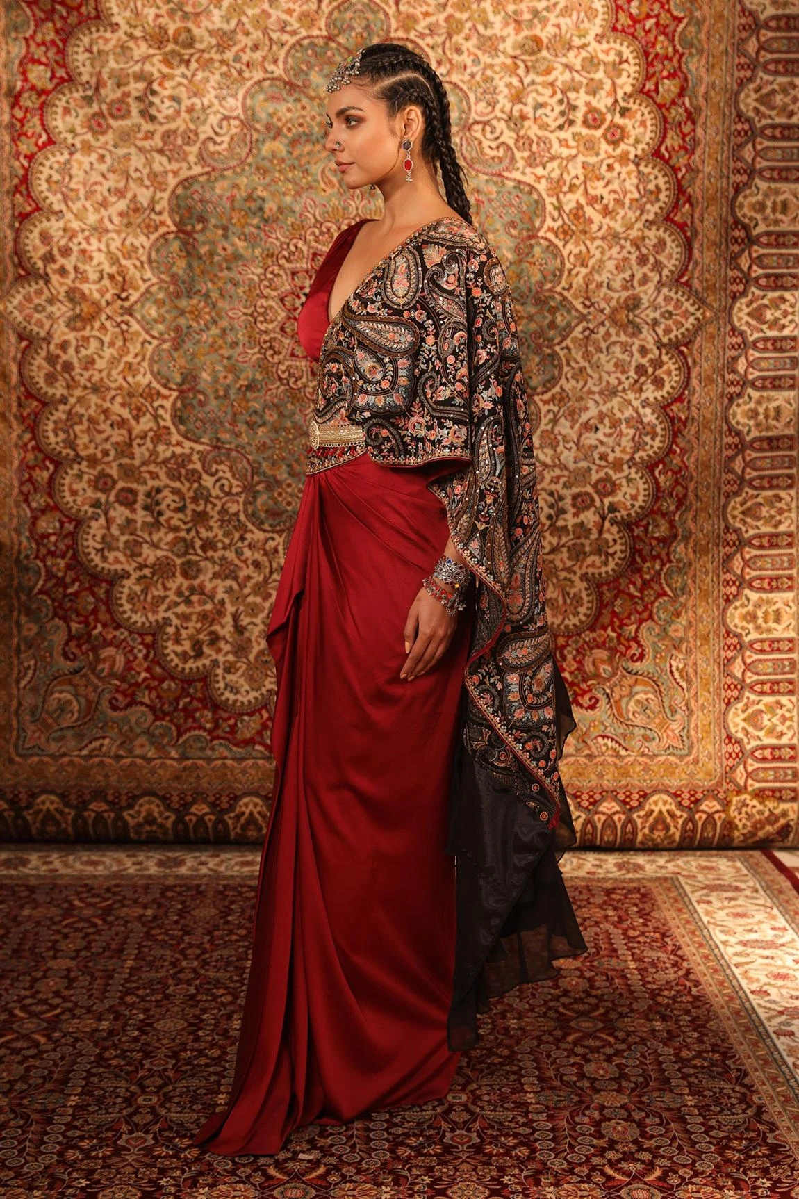 Satin Pre-Draped Embroidered Saree With Blouse 3 Satin Pre-Draped Embroidered Saree With Blouse - Image 3