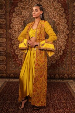 Yellow Satin Kashida Work Jacket Draped Skirt Set -Lillys Clothing Shop 3 0132183001680083071