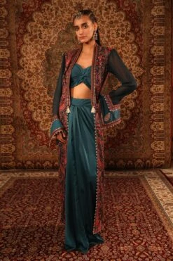Green Satin Jamawar Kashida Embroidered Jacket Draped Skirt Set