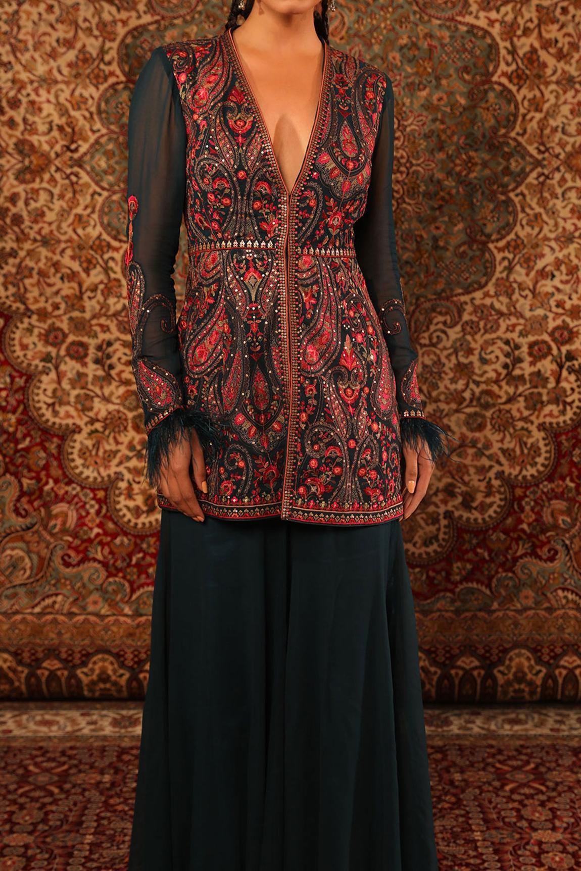 Green Satin Kashida Embroidered Kurta And Sharara Set 3 Green Satin Kashida Embroidered Kurta And Sharara Set - Image 3