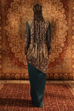 Green Satin Asymmetric Embroidered Jacket Draped Skirt Set -Lillys Clothing Shop 3 0884617001680083062