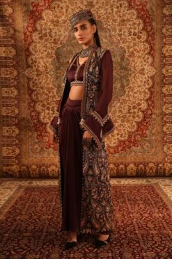 Wine Satin Kashida Embroidered Jacket Draped Skirt Set -Lillys Clothing Shop 3 0945336001680083060