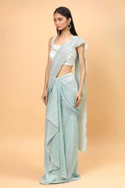 Blue Lycra Pre-Draped Saree With Blouse -Lillys Clothing Shop 3 7