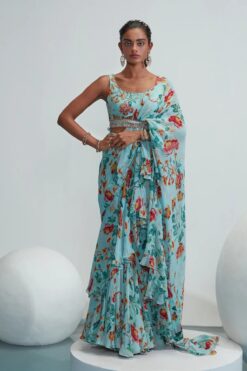 Blue Georgette Amani Printed Pre-stitched Saree With Blouse