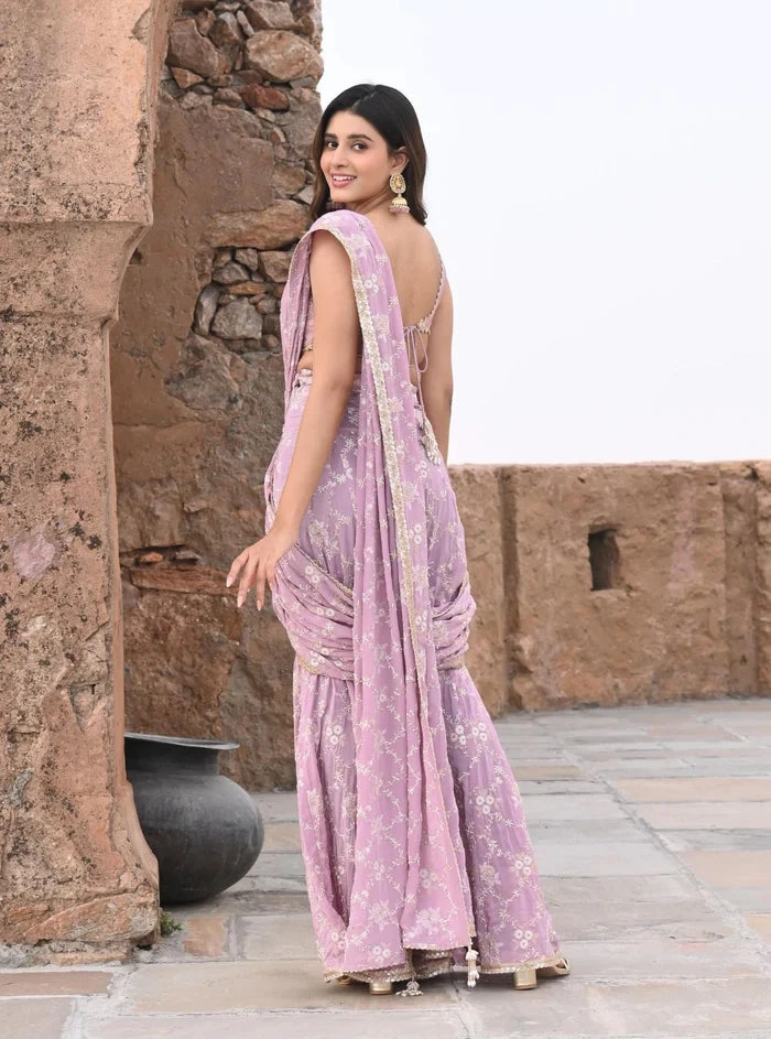 Mulmul Crepe Raahi Lilac Pre-Stitched Saree 4 Mulmul Crepe Raahi Lilac Pre-Stitched Saree - Image 4