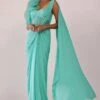 Aqua Green Saree Gown In Crepe With One Side Organza Ruffle