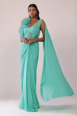 Aqua Green Saree Gown In Crepe With One Side Organza Ruffle