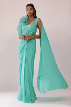 Aqua Green Saree Gown In Crepe With One Side Organza Ruffle