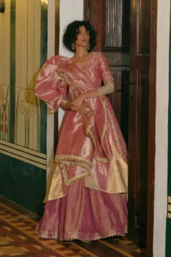 Pink Silk Zari Tissue Jacket With Skirt -Lillys Clothing Shop 34 1