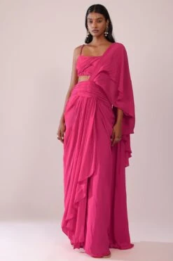 Rani Pink Indo-Western Drape Saree And Blouse Crepe