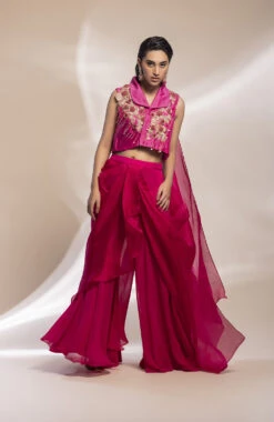 Fuchsia Pink Cropped Jacket With Drape Sharara