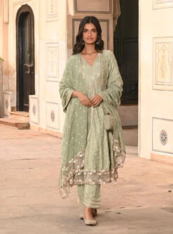 Mulmul Modal Satin Chaiyya Sage Green Anarkali Kurta With Pant