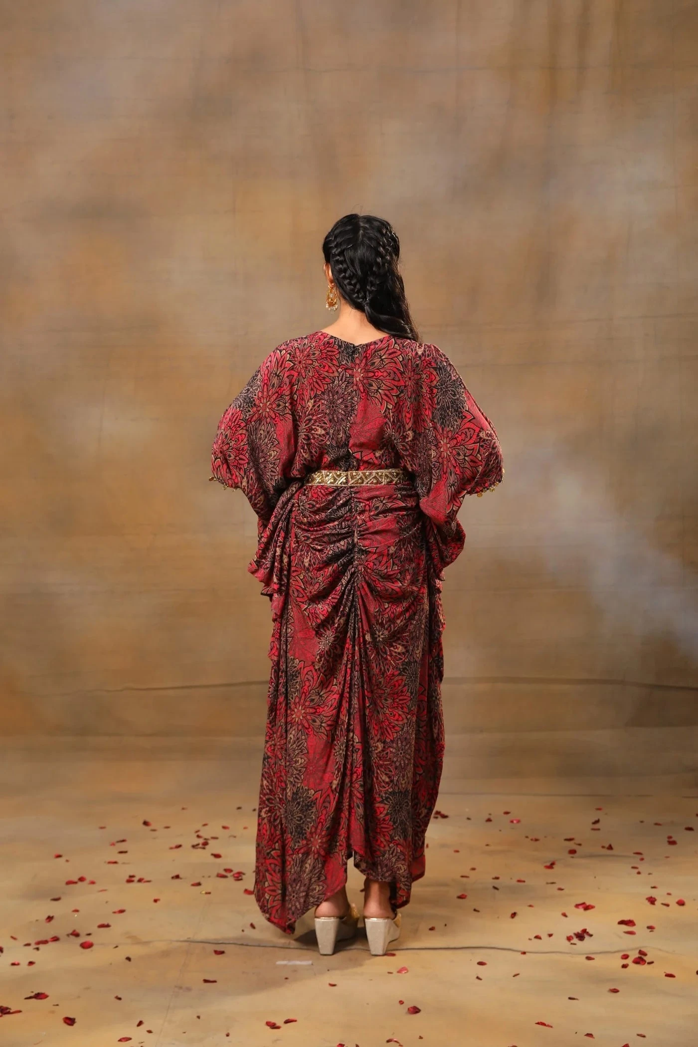 Pink Printed Draped Dress With Embroidered Belt 4 Pink Printed Draped Dress With Embroidered Belt - Image 4