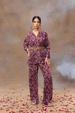 Purple Printed Embroidered Top, Pants And Belt Co Ord Set