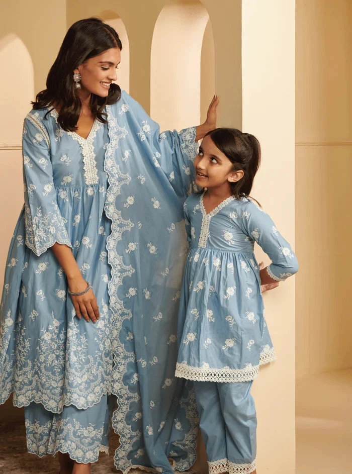 Mulmul Cotton Zuari Blue Kurta With Zuari Blue Pant 3 Mulmul Cotton Zuari Blue Kurta With Zuari Blue Pant - Image 3