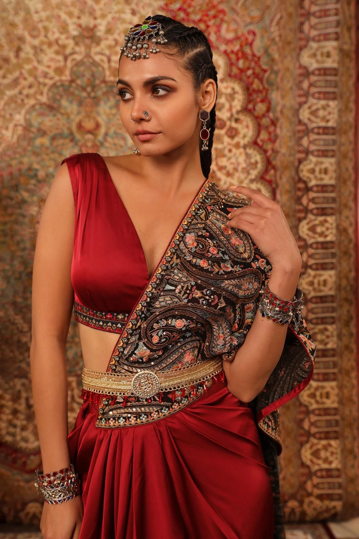 Satin Pre-Draped Embroidered Saree With Blouse 2 Satin Pre-Draped Embroidered Saree With Blouse - Image 2