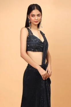 Blue Pre-Draped Saree With Embroidered Blouse -Lillys Clothing Shop 4 6