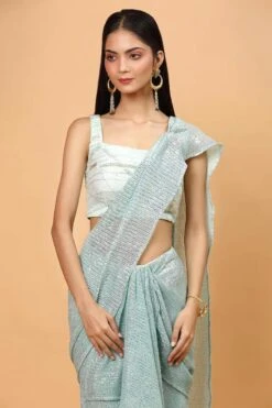 Blue Lycra Pre-Draped Saree With Blouse -Lillys Clothing Shop 4 7