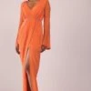 Orange Indo-Western Gown In Crepe With Tikki And Moti Hand Work
