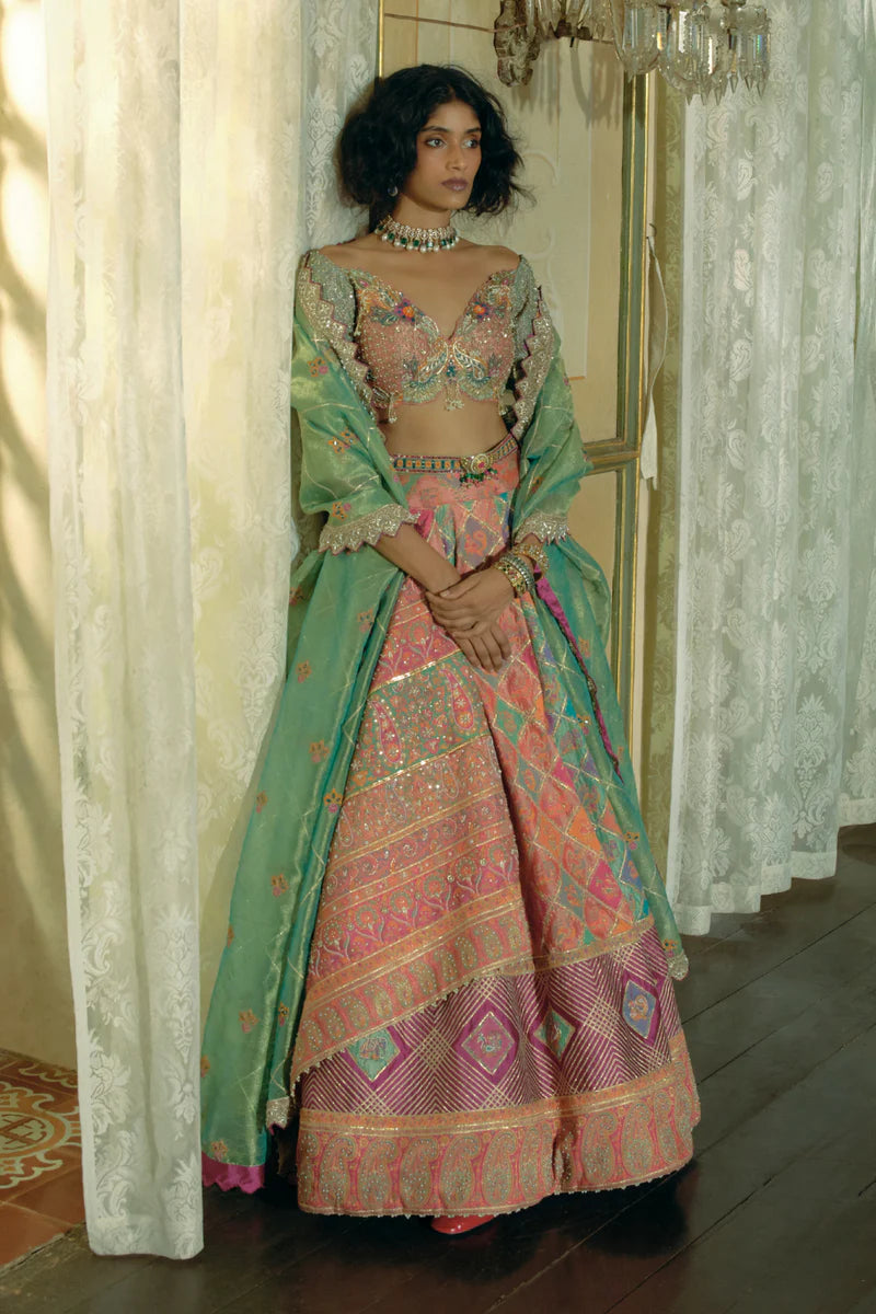 Coral And Firozi Checkered Jacquard Banarsi Lehenga Set 1 Coral And Firozi Checkered Jacquard Banarsi Lehenga Set
