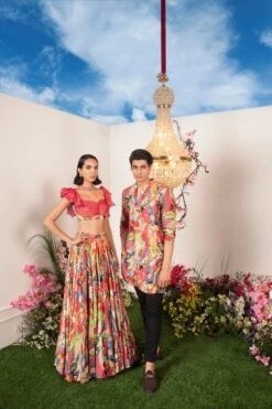 Frenzy Lehenga Paired With Ruffle Coral Blouse -Lillys Clothing Shop 43257