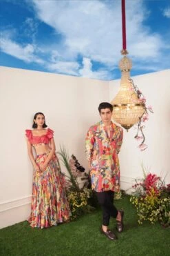 Frenzy Lehenga Paired With Ruffle Coral Blouse -Lillys Clothing Shop 43274