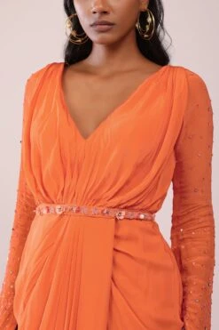 Orange Indo-Western Gown In Crepe With Tikki And Moti Hand Work -Lillys Clothing Shop 45 2