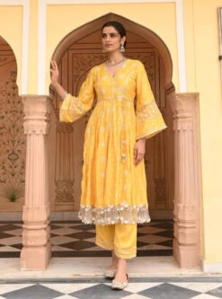 Mulmul Modal Satin Chaiyya Yellow Anarkali Kurta Pant