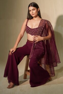 Aubergine Crystal And Sequin Blouse Paired With Flared Pants And Cape -Lillys Clothing Shop 4 1024x1024 2x c44c9b5a 941f 4b4f 904a 5eb65d6663f3