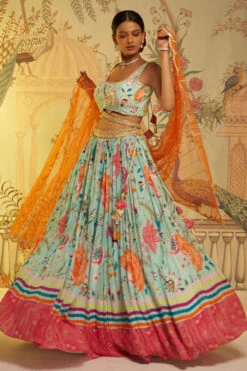 Aqua Criss Cross Strap Blouse Lehenga