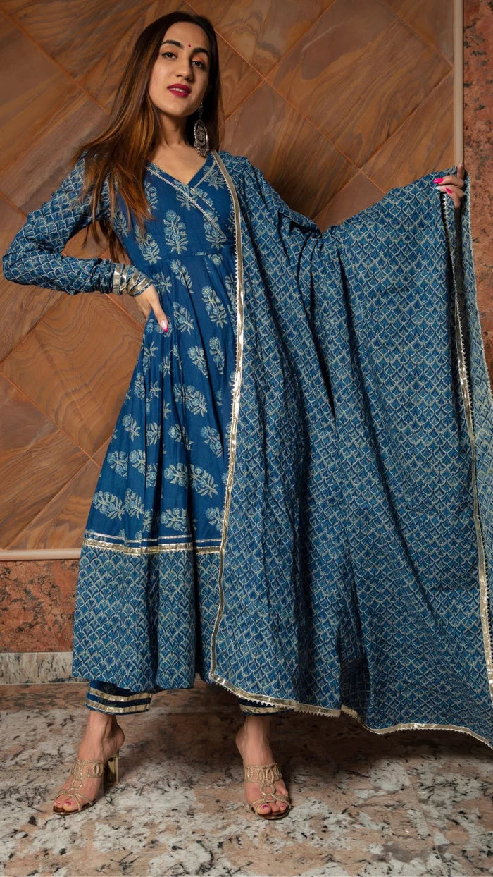 Blue Hand Block Cotton Anarkali Set 1 Blue Hand Block Cotton Anarkali Set