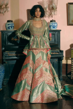 Emerald Green Silk Zari Tissue Peplum Top With Skirt And Dupatta Set