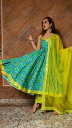 Green Floral Hand Block Anarkali