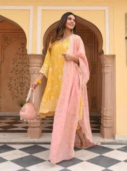 Mulmul Modal Satin Mehar Yellow Kurta With Yellow Pant