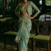 Turquoise Silk Zari Tissue Draped Skirt Jacket