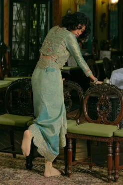 Turquoise Silk Zari Tissue Draped Skirt Jacket -Lillys Clothing Shop 68 1