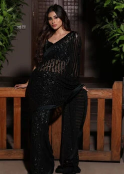 Black Ready Pleated Saree Embellished In Sequins And A Sleeveless Velvet Blouse With A Front Cut Out -Lillys Clothing Shop 6 6acfeebc 15b8 40f1 9e71 0786a56e0281